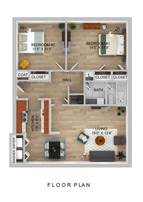 Floor plan for 2 beds, 1 bath, 929 sqft